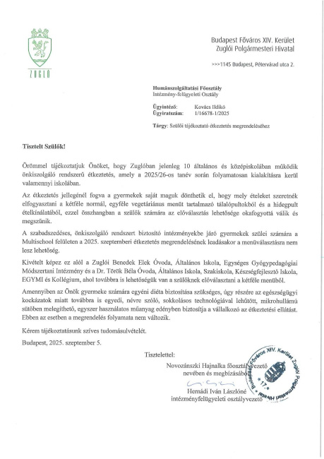 Szülői tájékoztató étkeztetés megrendeléséhez iskoláknak